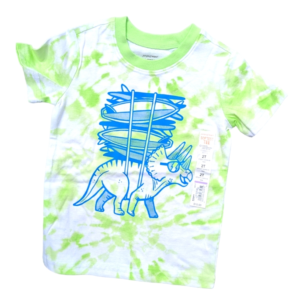 Jumping Beans Boys 2T Dinosaur/Surf Blue/Green Tie-Dye Graphic Tshirt